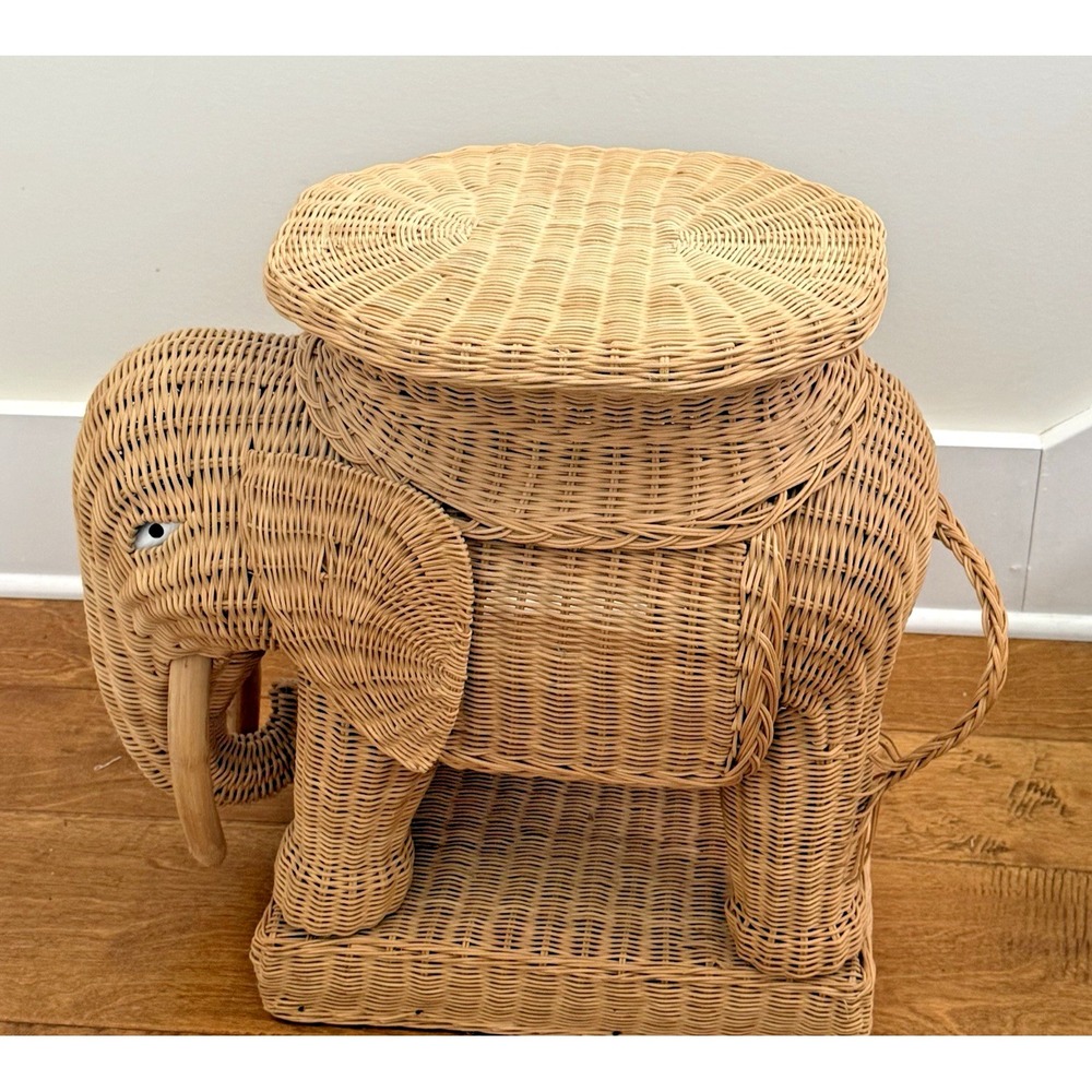 Vintage Wicker Elephant Accent Table Removable Tray Plant Stand Boho Rattan Deco - Picture 5 of 11